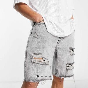 Grey Bershka slim distressed denim shorts in gray